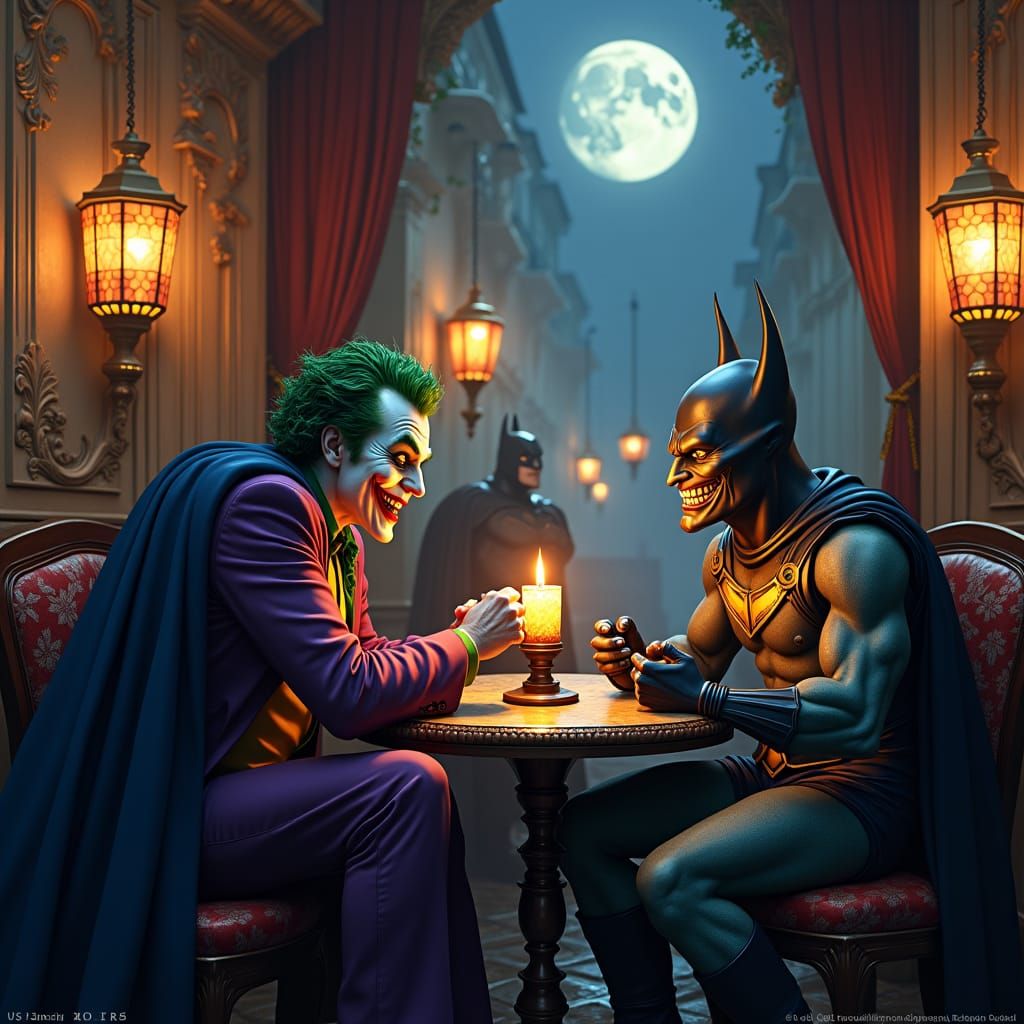 Joker and Skeletor Arguing in Parisian Cafe