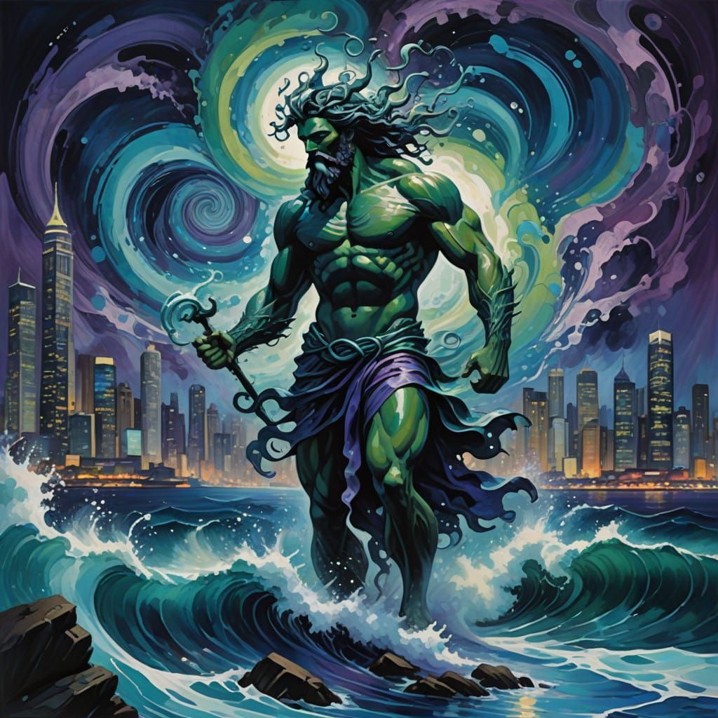Ethereal God of the Sea in Nocturnal Cityscape