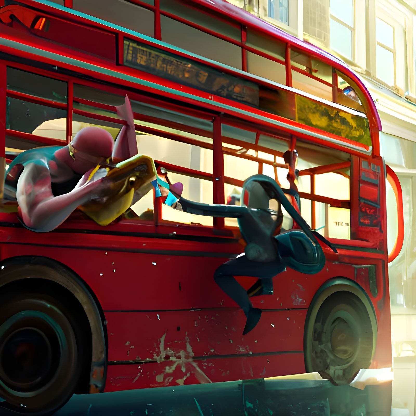 A thug and a masked man playing on a London bus