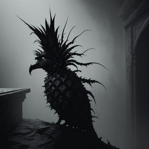 {
    "prompt": "A menacing pineapple with sharp, threatening spines lurking in a chaotic, abandoned kitchen. The pineap...