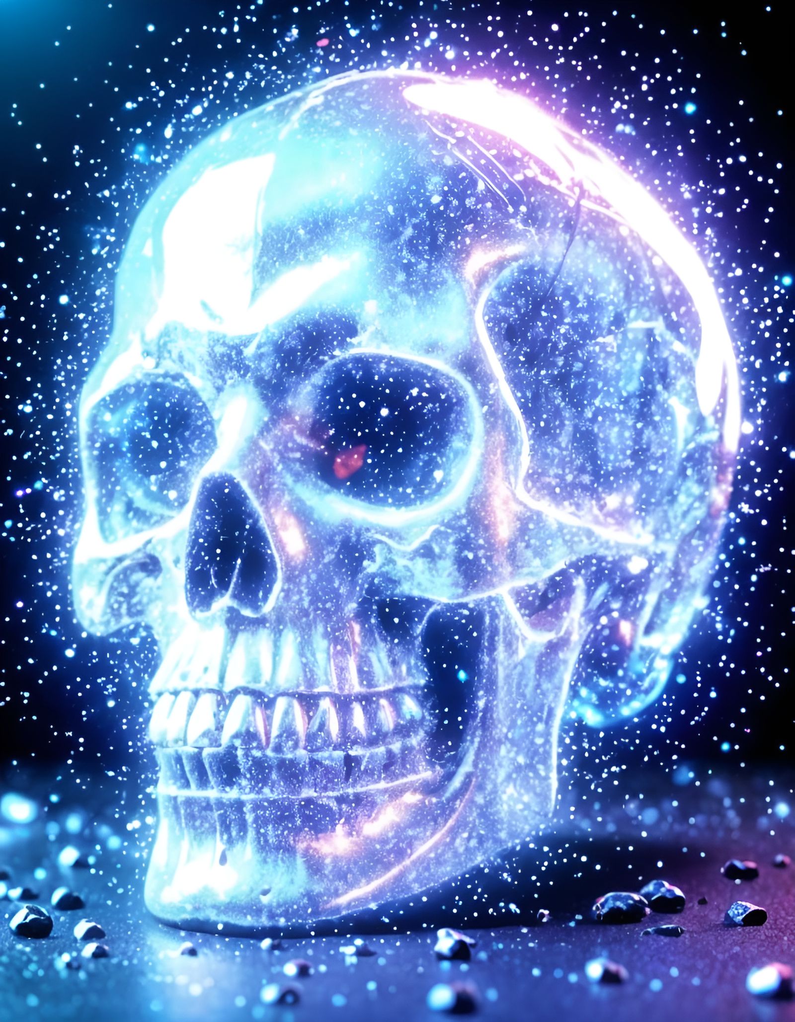 Iridescent Crystal Skull with Radiant Light Particles