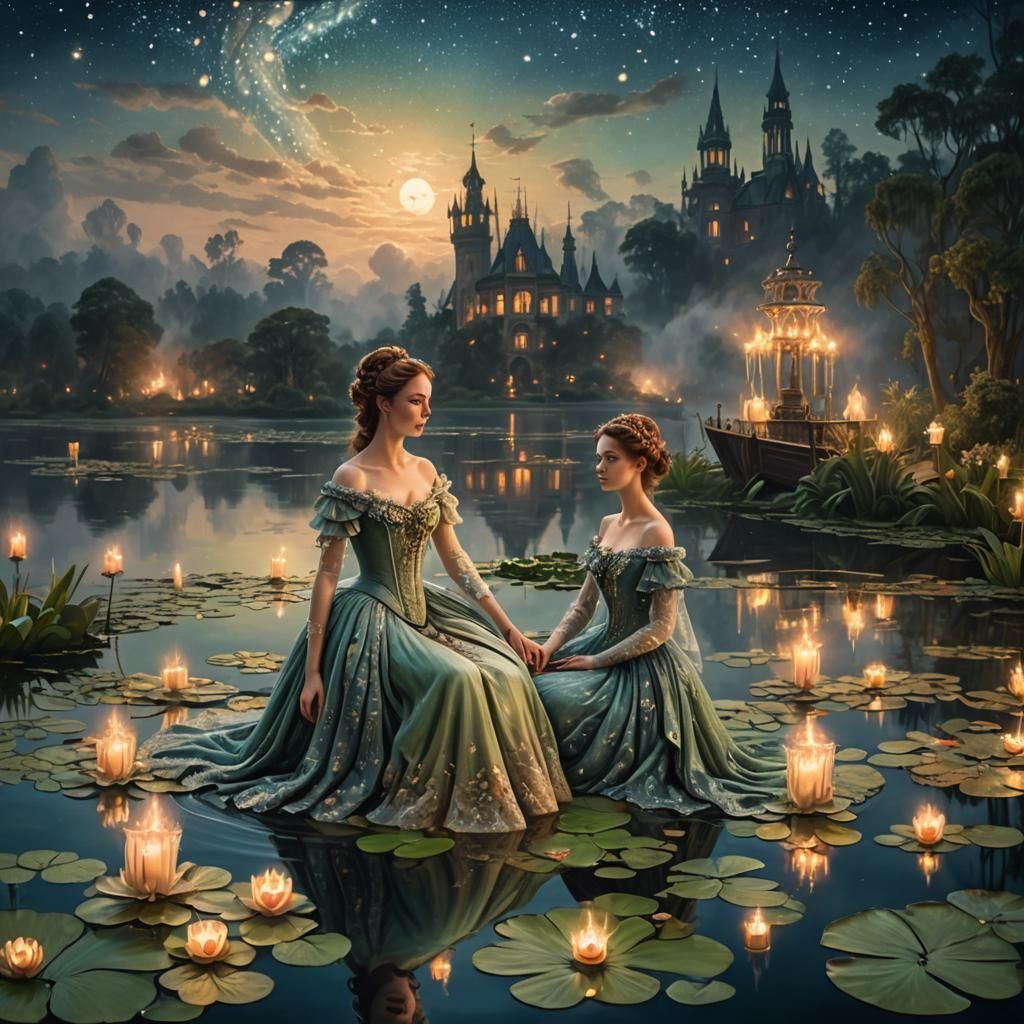 Victorian Ladies Floating on Lily Pads at Night