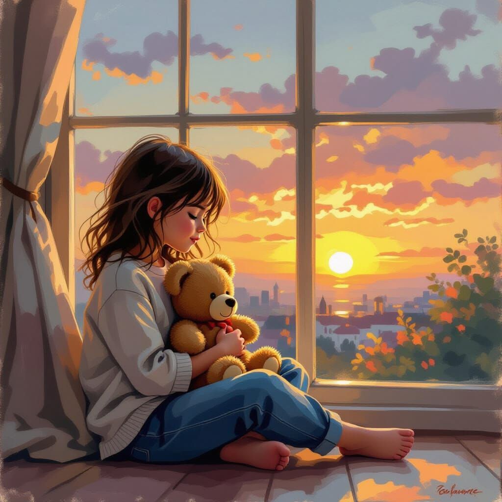 Girl with Teddy Bear: Caricature in Acrylic Painting Style