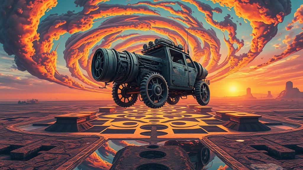 Surreal Steampunk Vehicle in Mirrored Apocalyptic Sunset