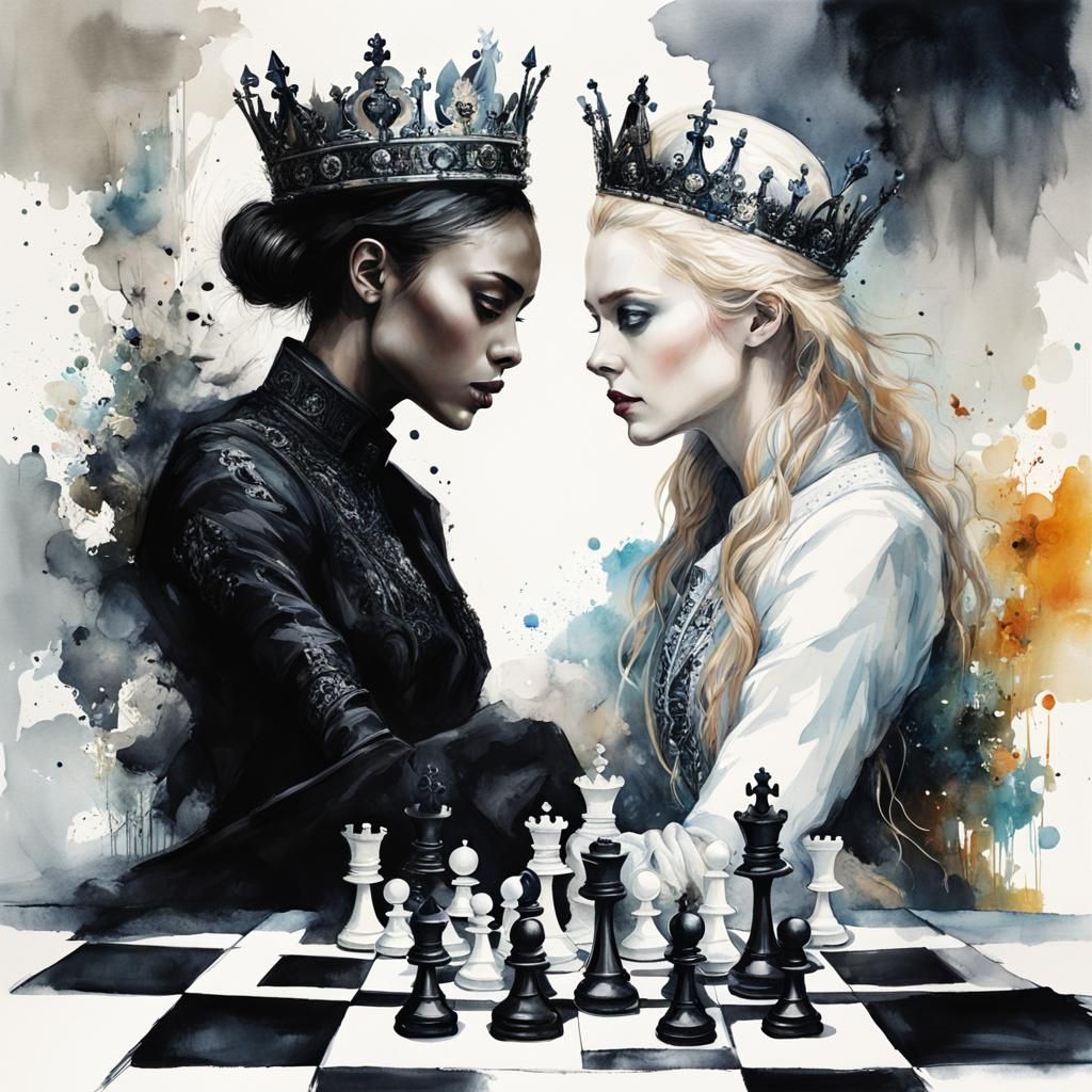 Chess Queens in Contrasting Colors, Watercolor Style