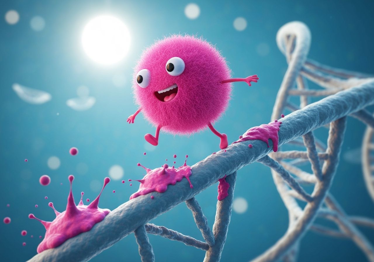 Whimsical Pink Microbe Painting on DNA Helix