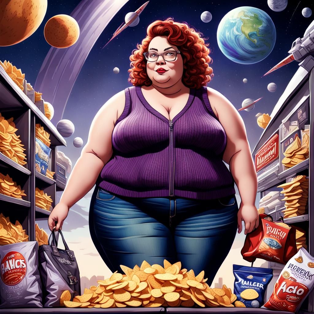Plus-Size Model Ad with Rocket Ship, Cartoon Style