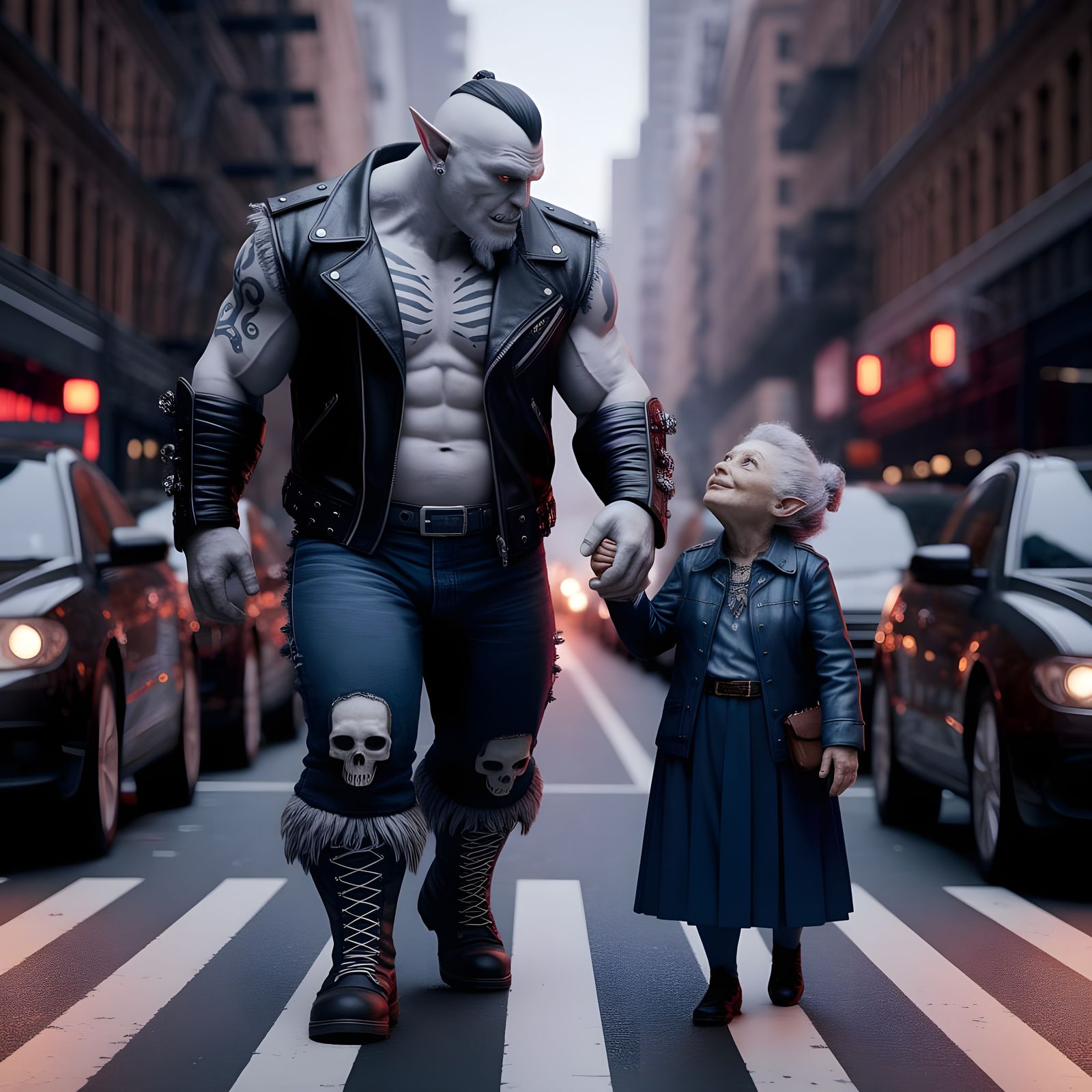 Orc Punk Helps Grandmother Cross Street in Dark Fantasy Art