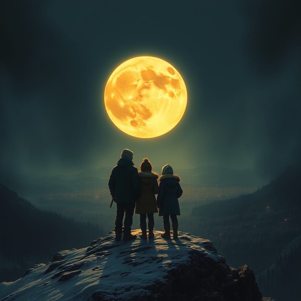Family Gazing at Gigantic Moon in Eerie Landscape