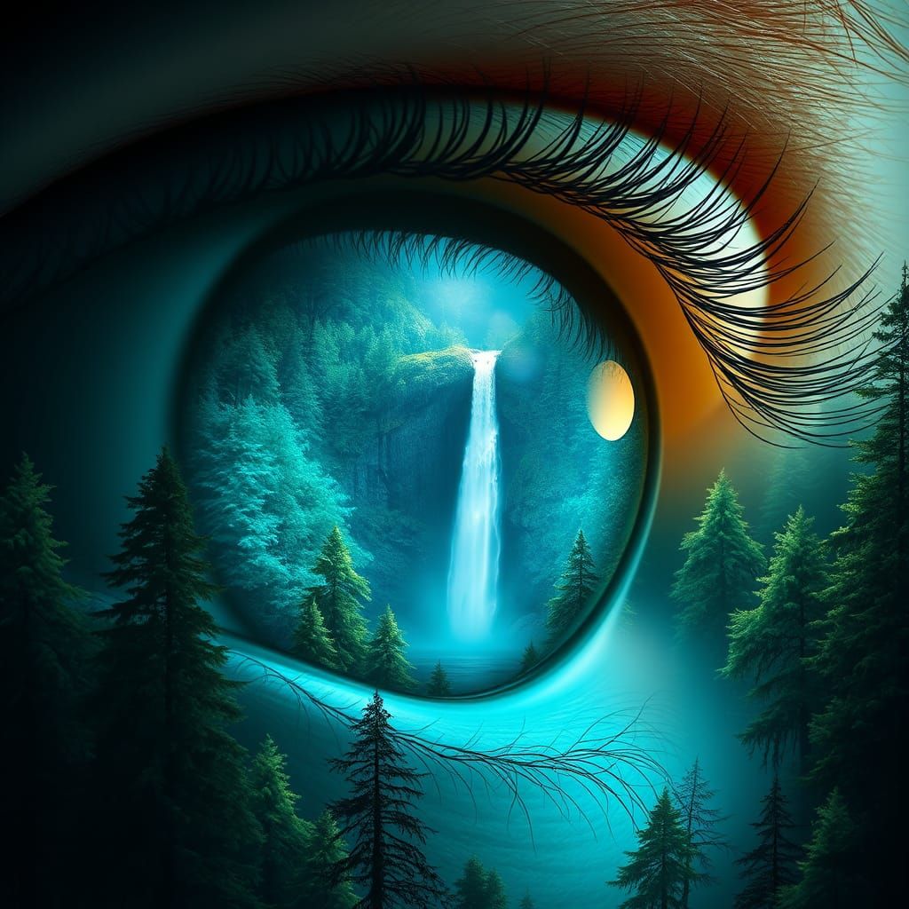 Turquoise Eye Reflects Vibrant Forest Landscape with Majesti...