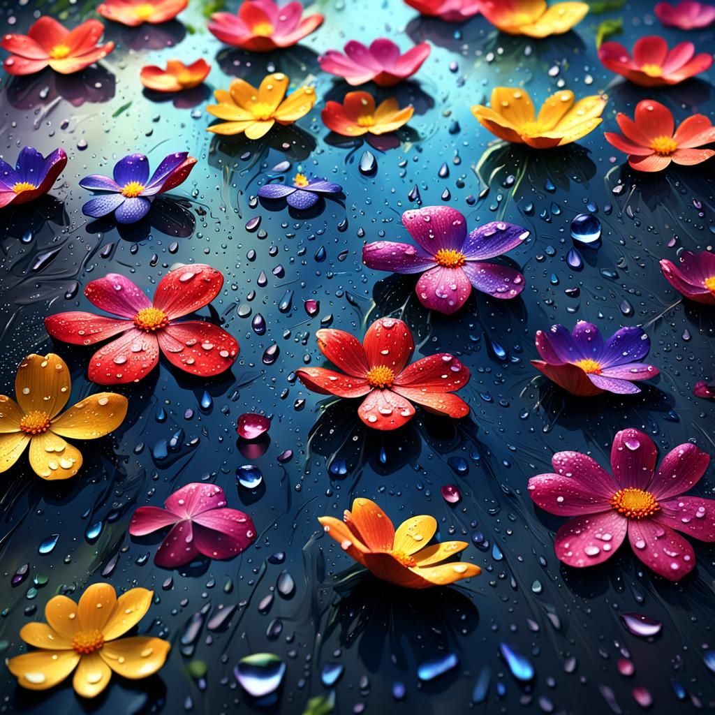 Rain-Drenched Petals: Vibrant Colors in Detailed Matte Paint...