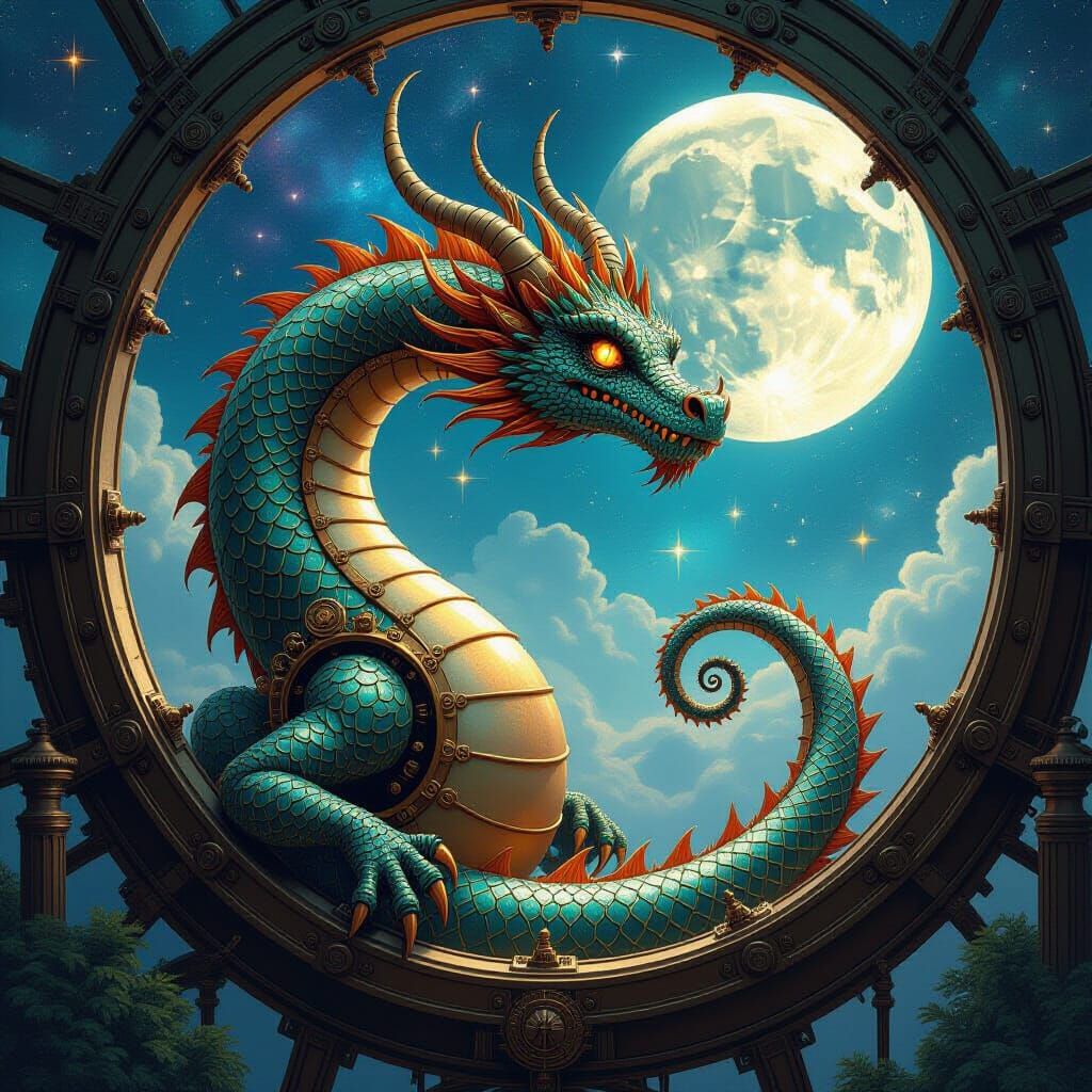 Clockwork Dragon Coiled Around Observatory in Steampunk Styl...