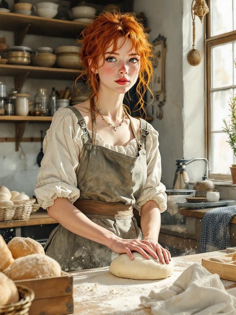 Redhead Baker in Kitchen, Art Nouveau Style