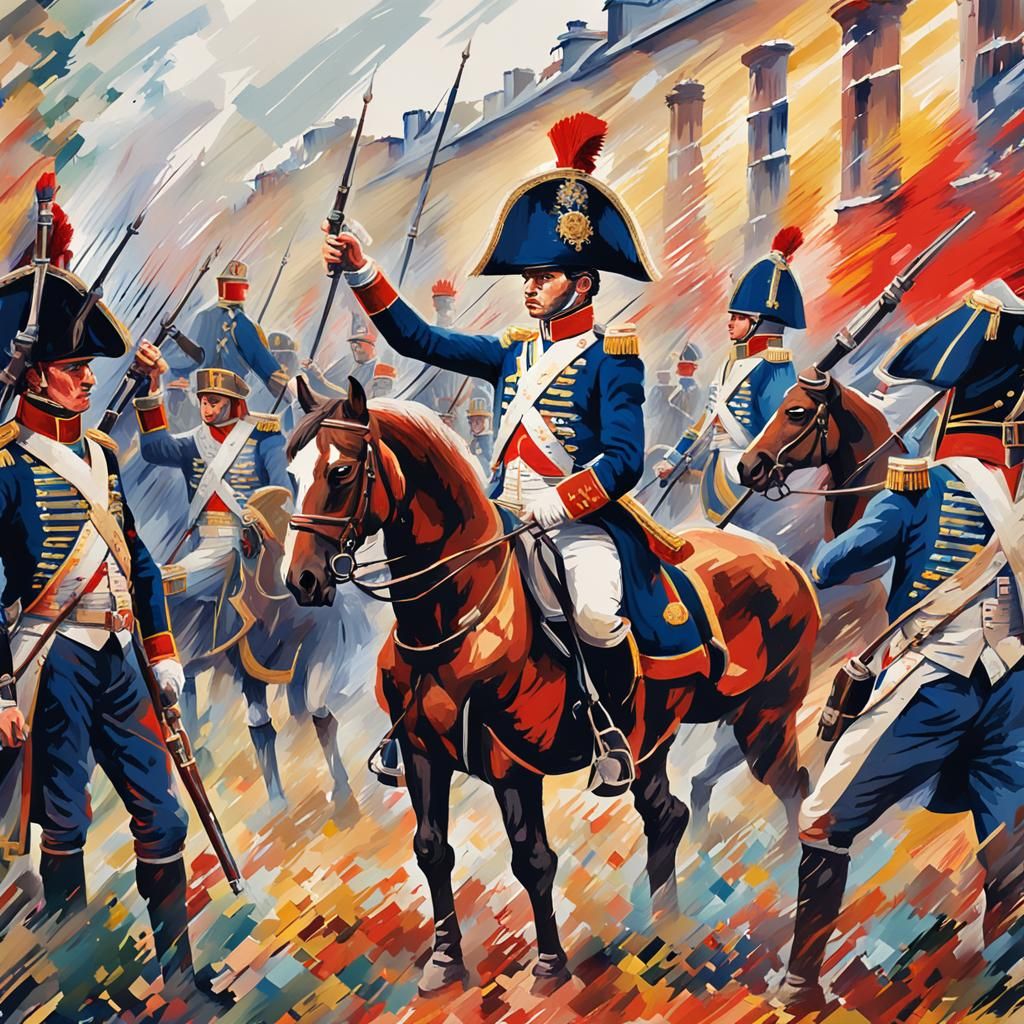 Napoleonic Wars Mural with Glitch Effects in Gouache Style