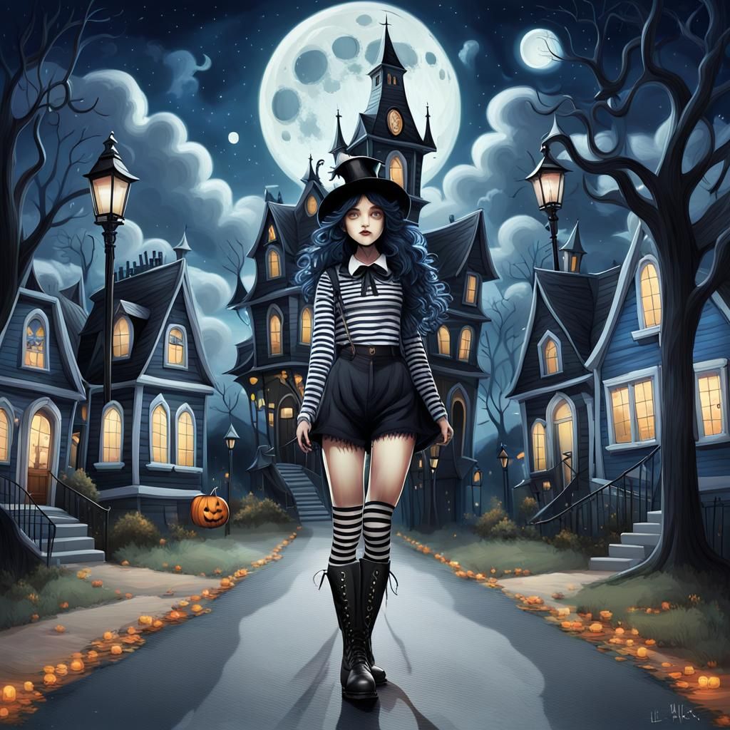 Whimsical Woman on Empty Road at Night