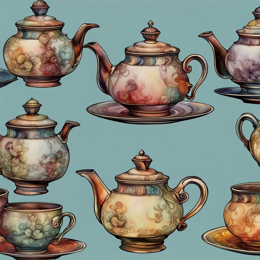 Whimsical Teapots and Teacups in Arthur Rackham Style