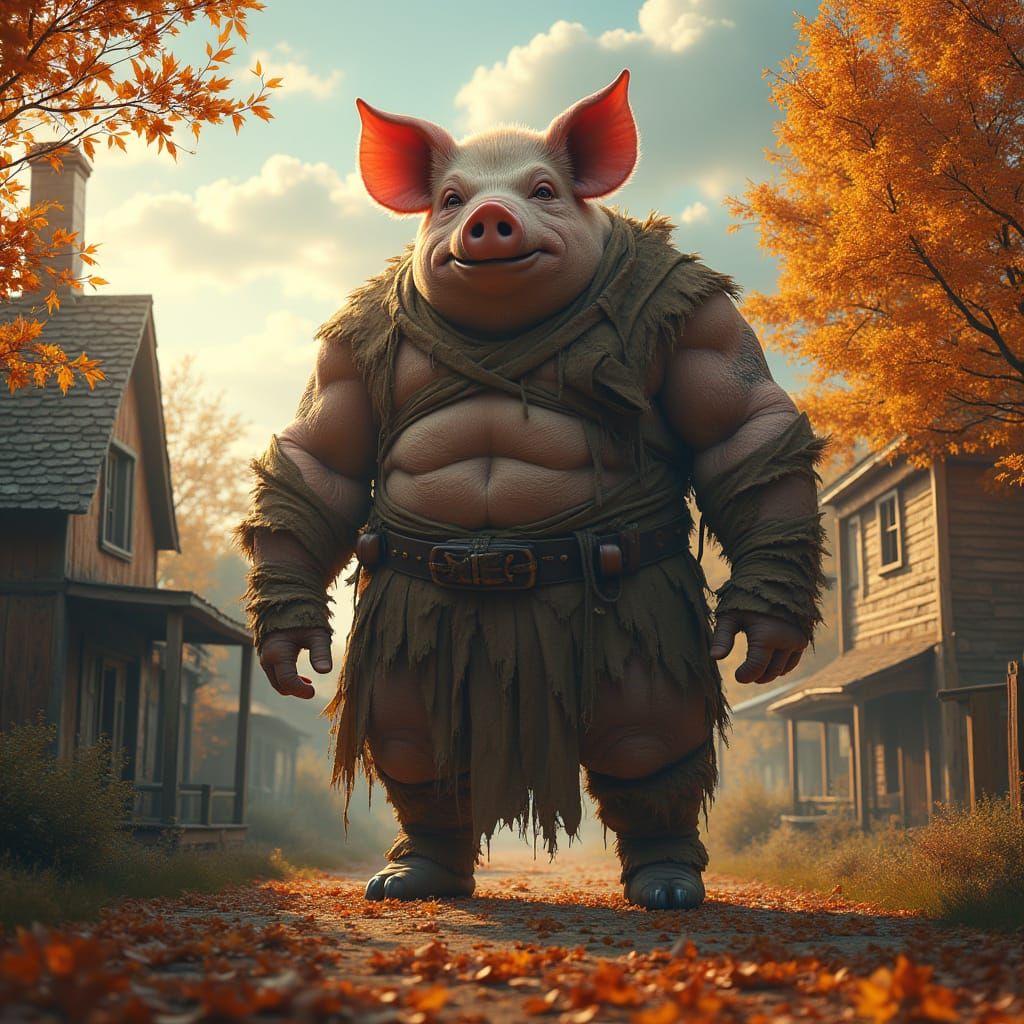 Colossal Pigman in Autumnal Town: Cinematic Film Still
