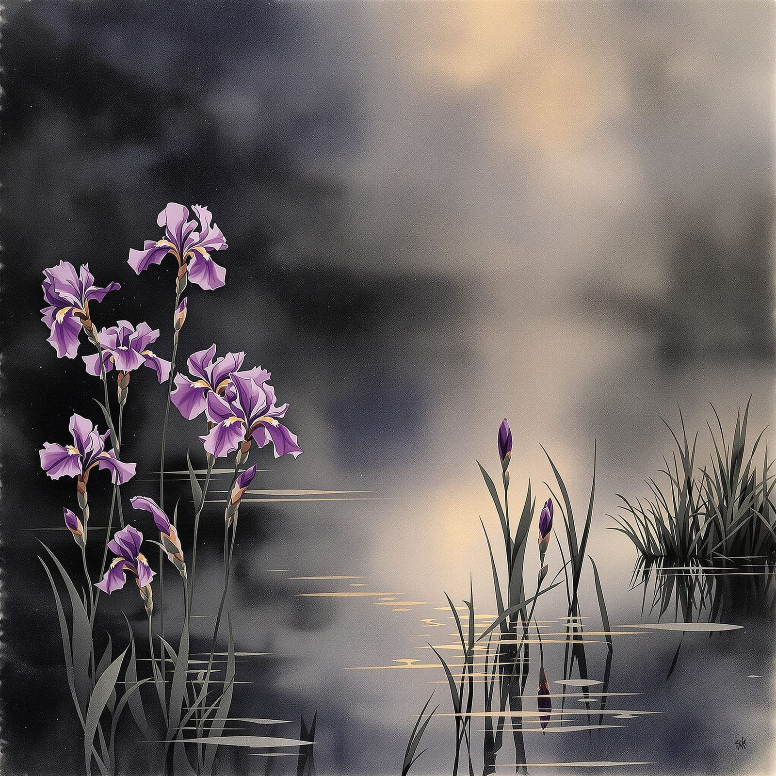 Ukiyo-e Irises on Misty Pond