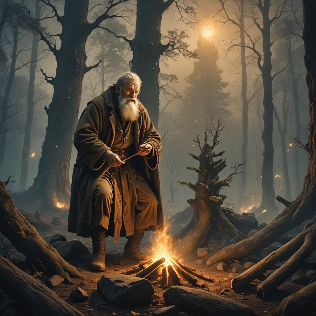 Old Man Makes Fire in Misty Forest, Fantasy Art