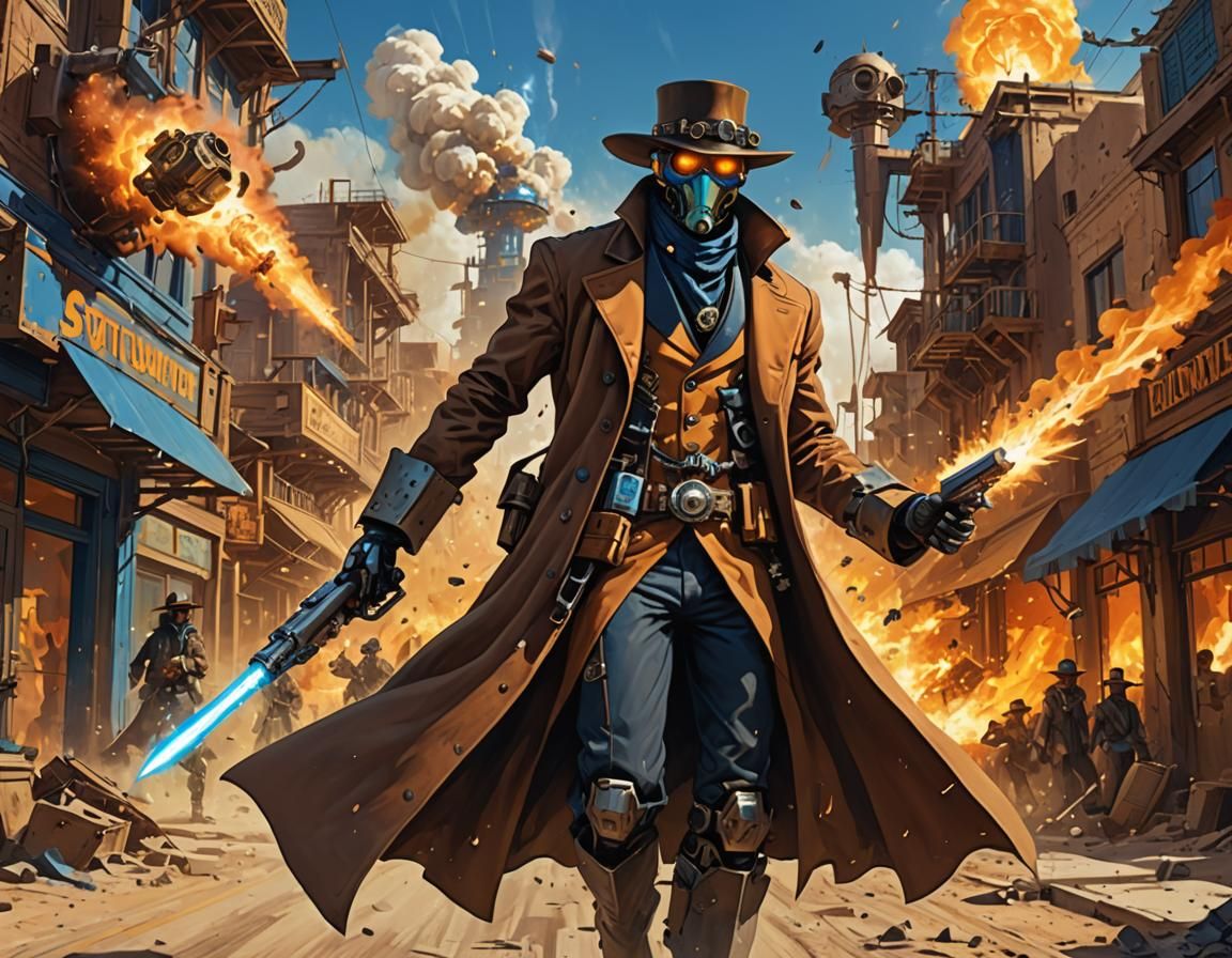 Robot Outlaw Runs from Explosion in Steampunk Sci-Fi Style