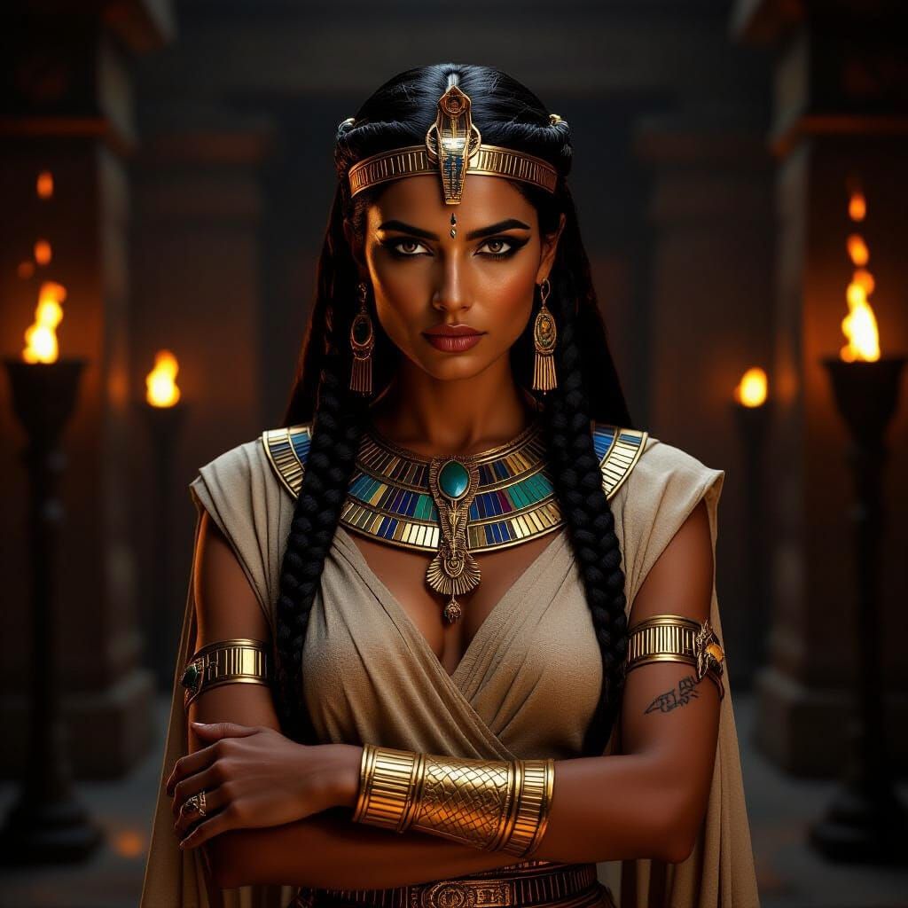 Regal Egyptian Princess in Shadowed Temple