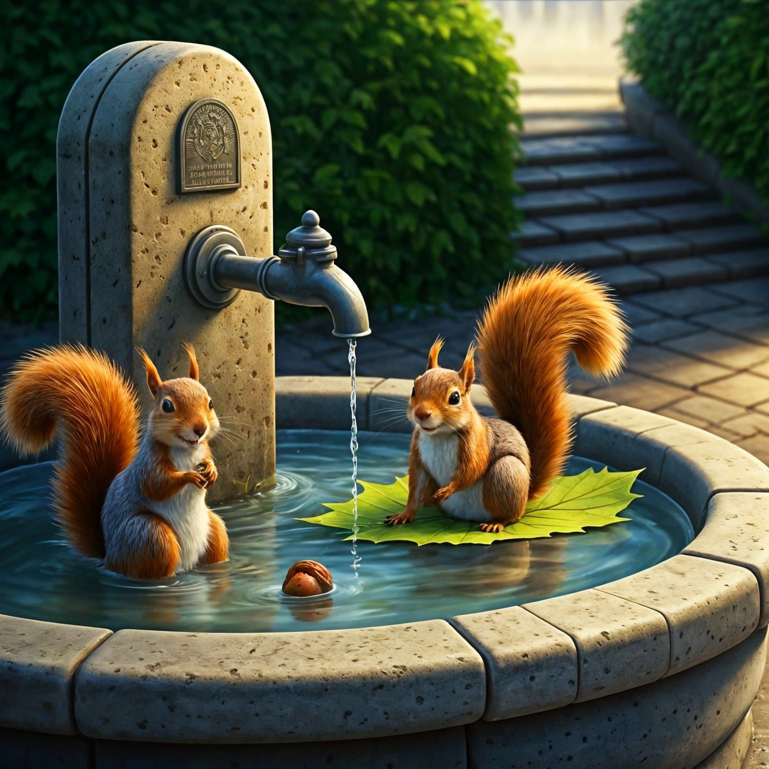 Naughty squirrels in a fountain