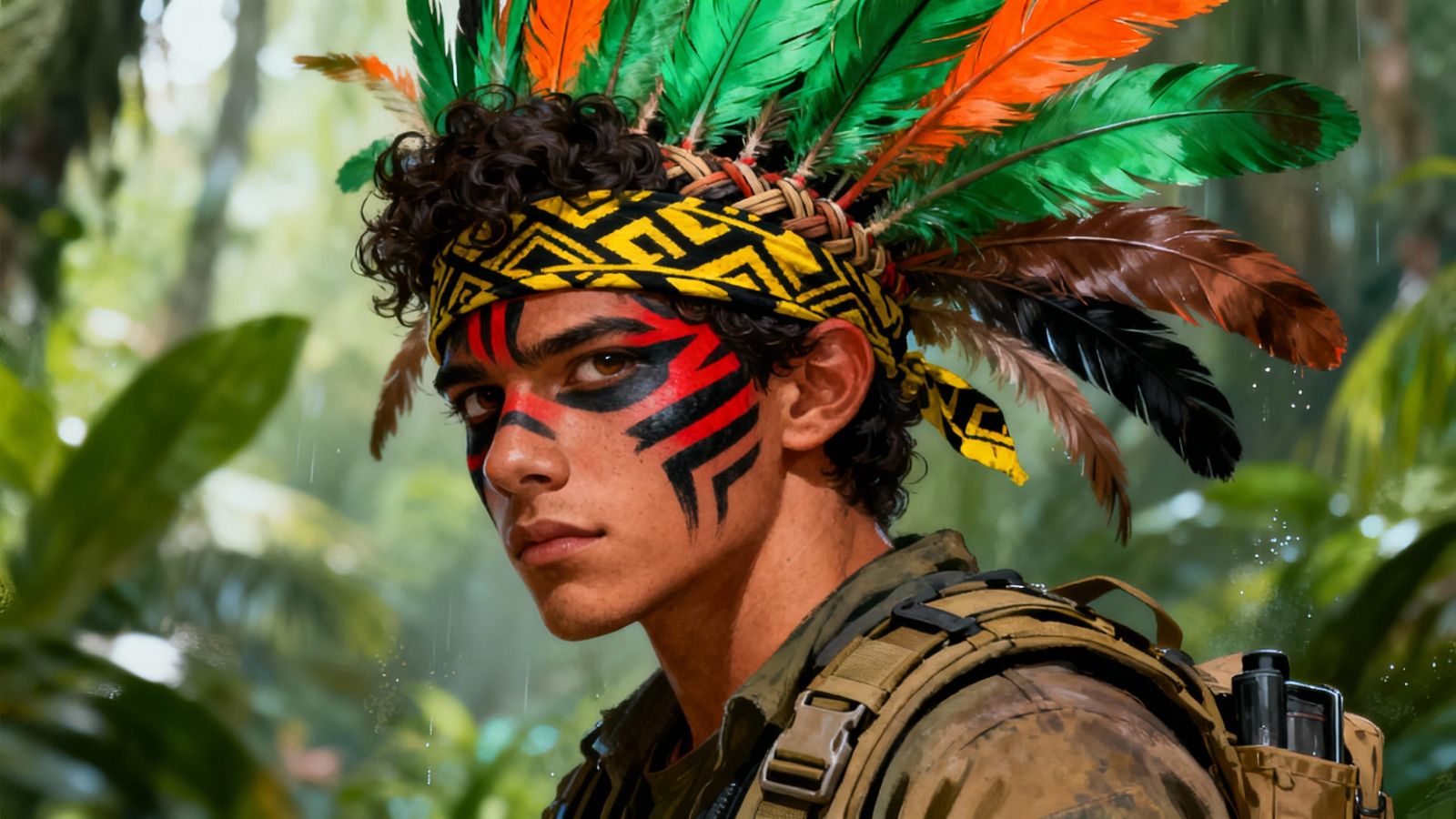Tribal Warrior Portrait in Lush Rainforest