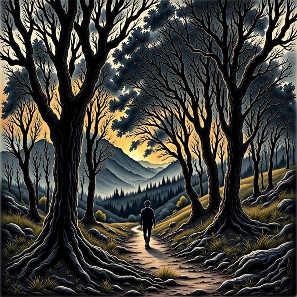 Traveler Approaches Misty Mountains in Washed Watercolor Sty...