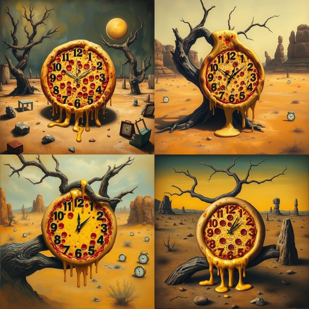Melting Pizza Clock in Surreal Landscape