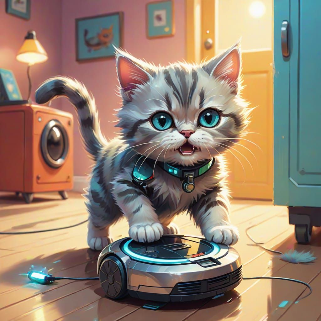 Angry Kitten Chases Robot Vacuum in Whimsical Style