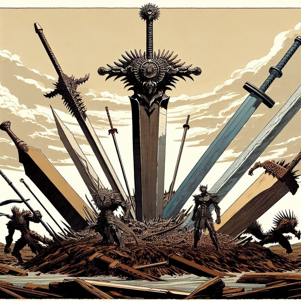 Anime Weapons on the Ground in Ukiyo-e Style