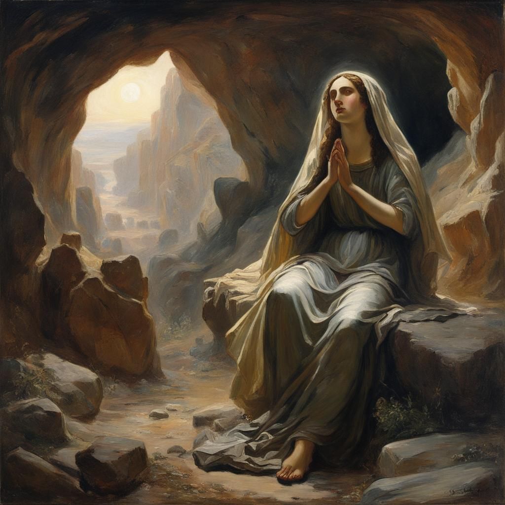Mary Magdalene in Cave: 19th Century Oil Painting
