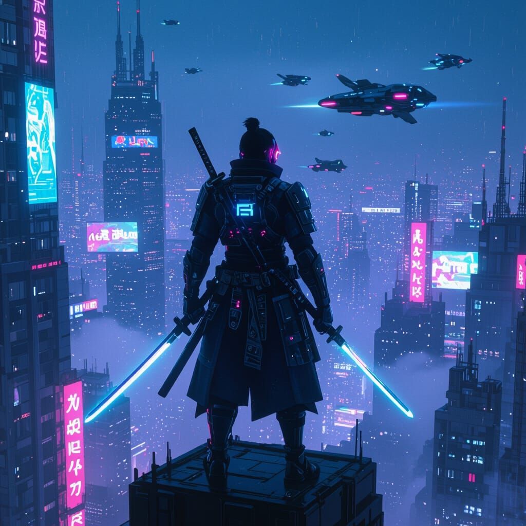 Cyberpunk Samurai Overlooking Neon Cityscape