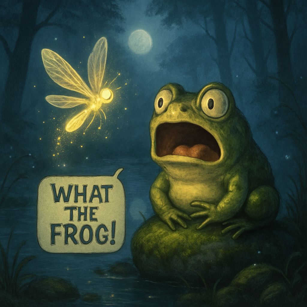 Astonished Frog Encounters Spirit-Fly in Moonlit Forest