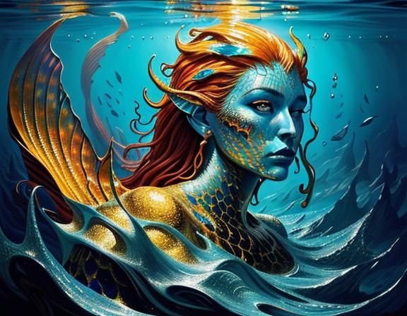 Surreal Mermaid Dissolving into Lava, Dreamlike Portrait