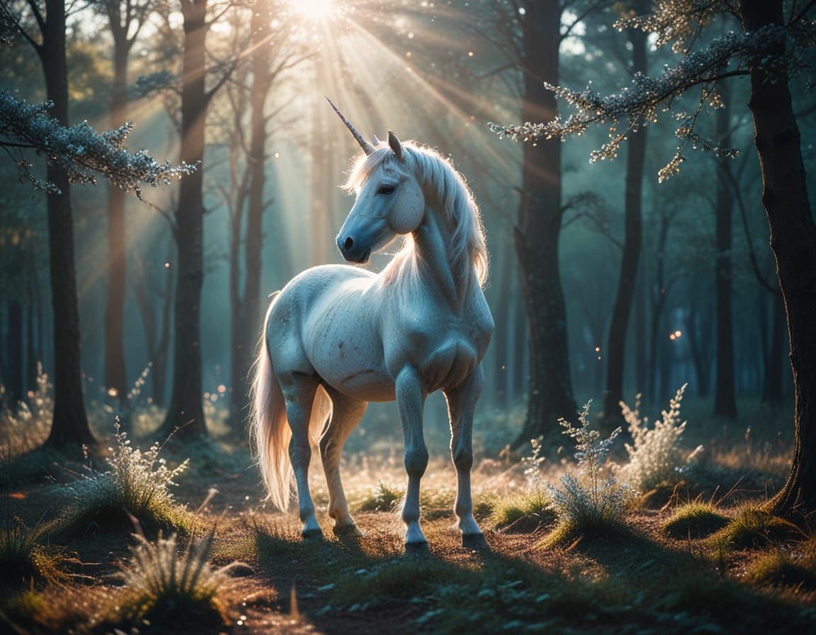 Ethereal Unicorn in a Dreamy Silver Forest at Twilight
