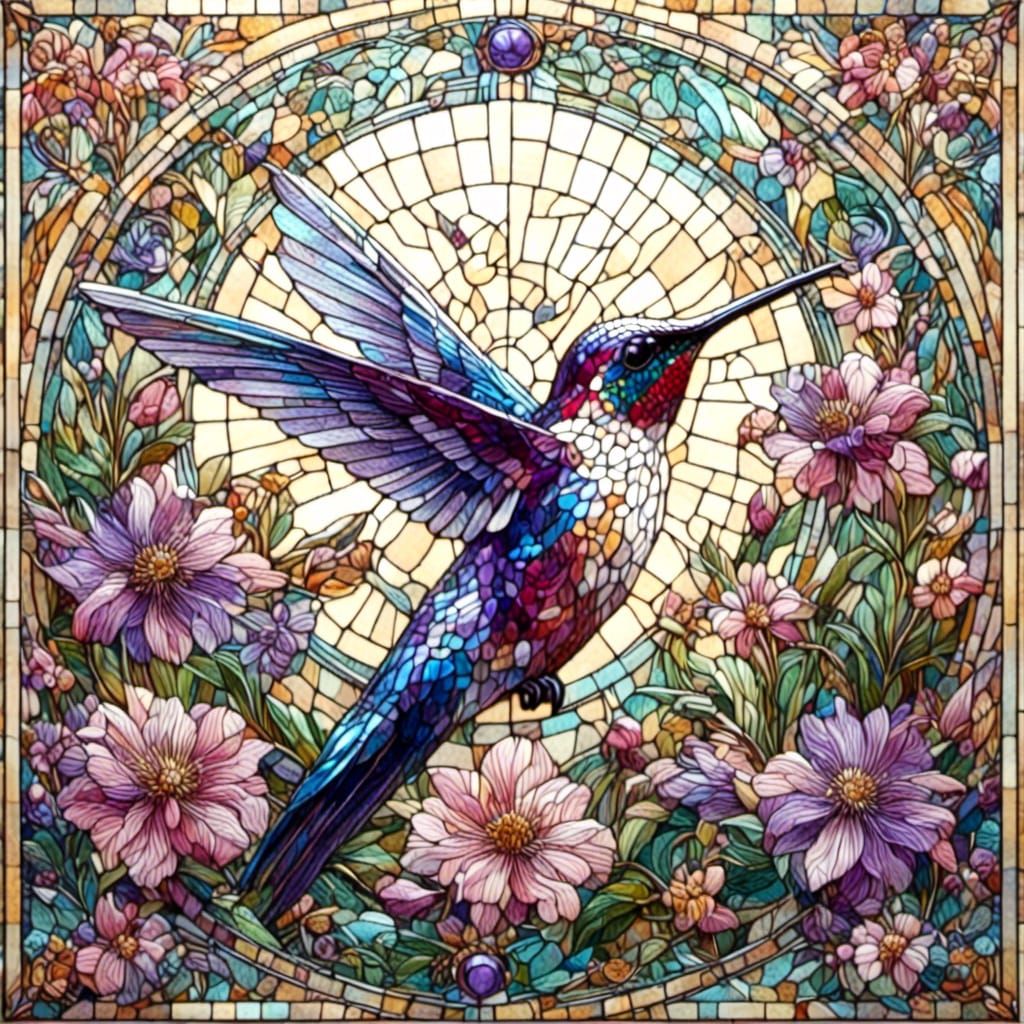 Hummingbird and Clematis in Art Deco Stained Glass