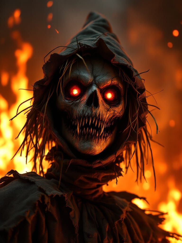 Gothic Vampire Scarecrow with Fiery Background