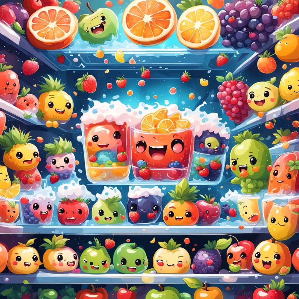Chibi Fruits Party in Fridge: Hyperrealistic Cartoon