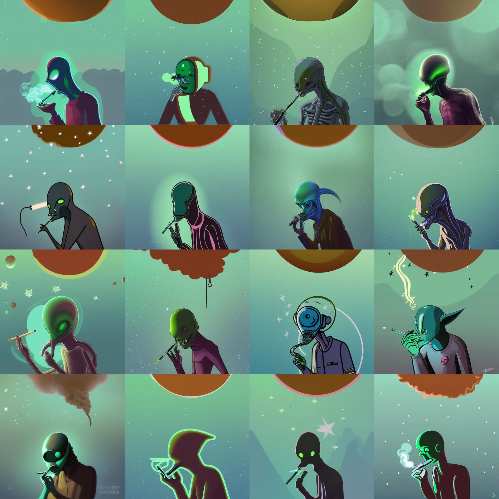 Alien Smoking Cigarette in Retrofuturistic Digital Art