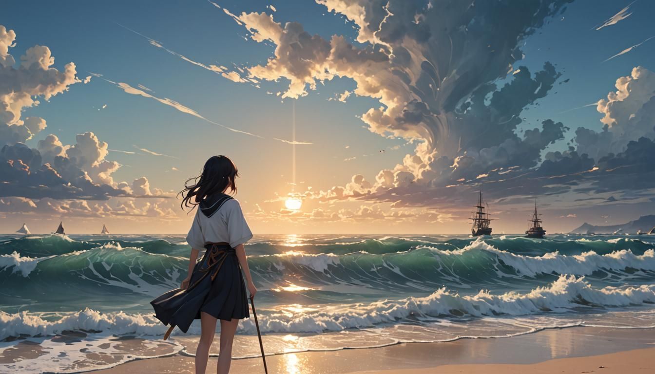 Anime Ocean Wave Art Inspired by WLOP