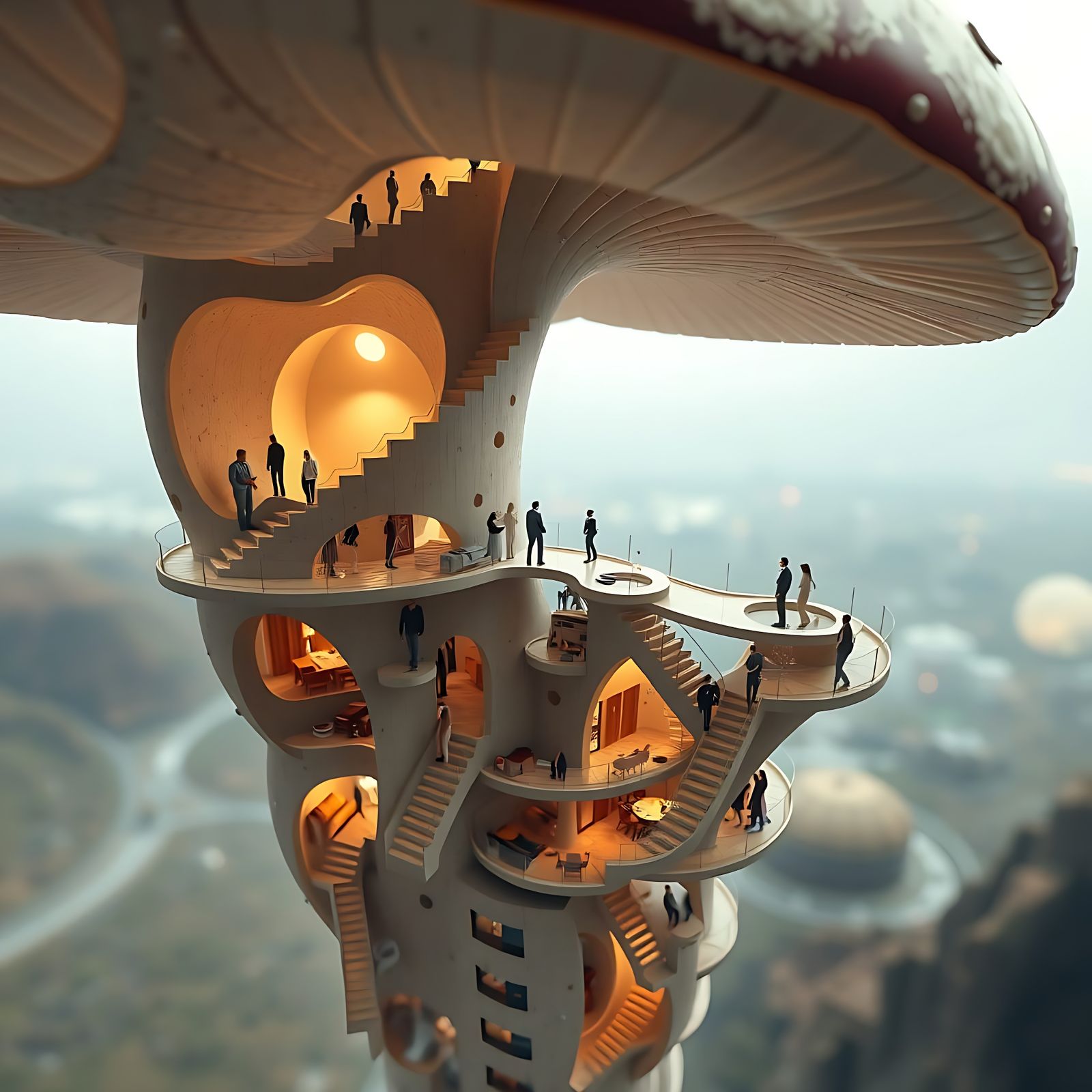 Escher-Inspired Mushroom Building in Stunning Photorealism