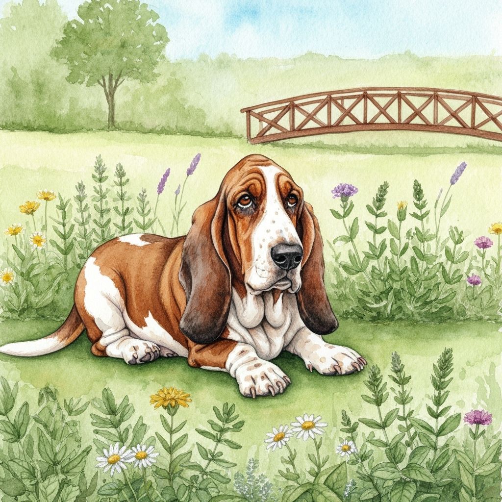 Majestic Basset Hound in Wildflowers - Watercolor Illustrati...