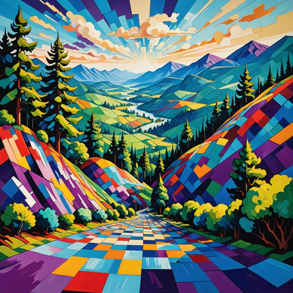 Vibrant Cubist Masterpiece with Geometric Patterns