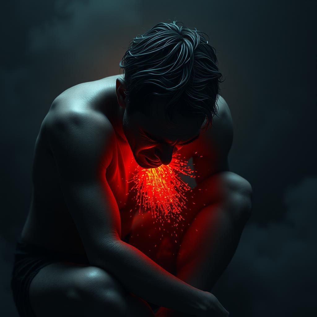 Anguished Figure with Fiery Congestion in Gritty Realism