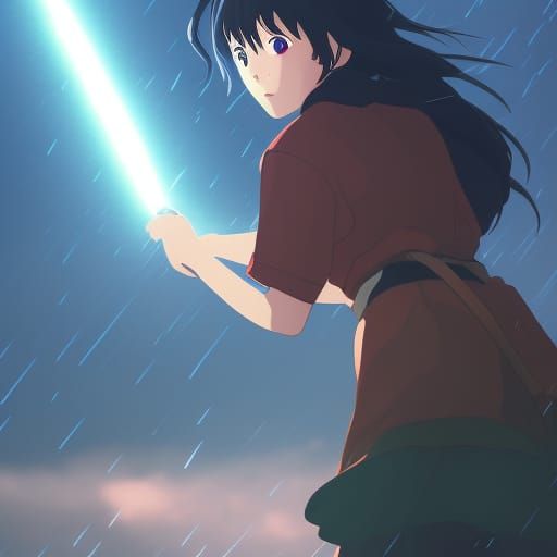 Girl Wizard Conjuring Lightning: Ghibli-esque Anime Art