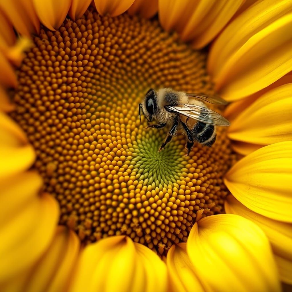 Bee Resting on Sunflower in Dreamy Fairy-Tale Style