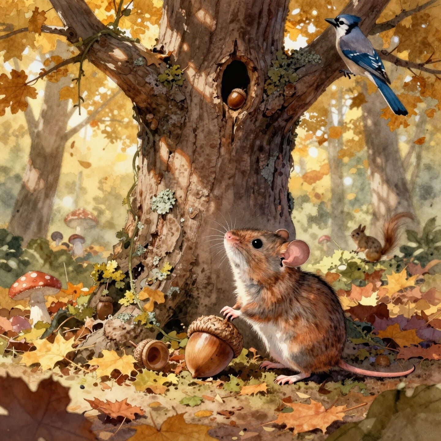 Determined Field Mouse Ascends Oak Tree with Giant Acorn