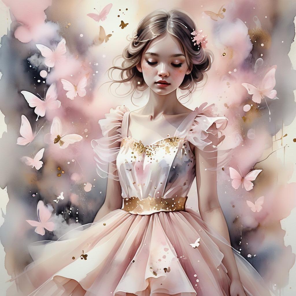 Ethereal Girl Portrait with Butterflies in Watercolor Style