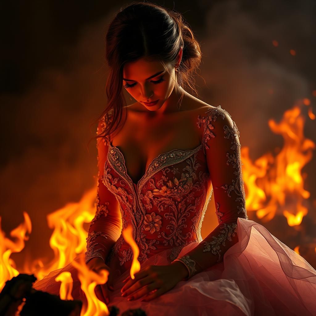 Woman Amidst Flames in Photorealistic Style